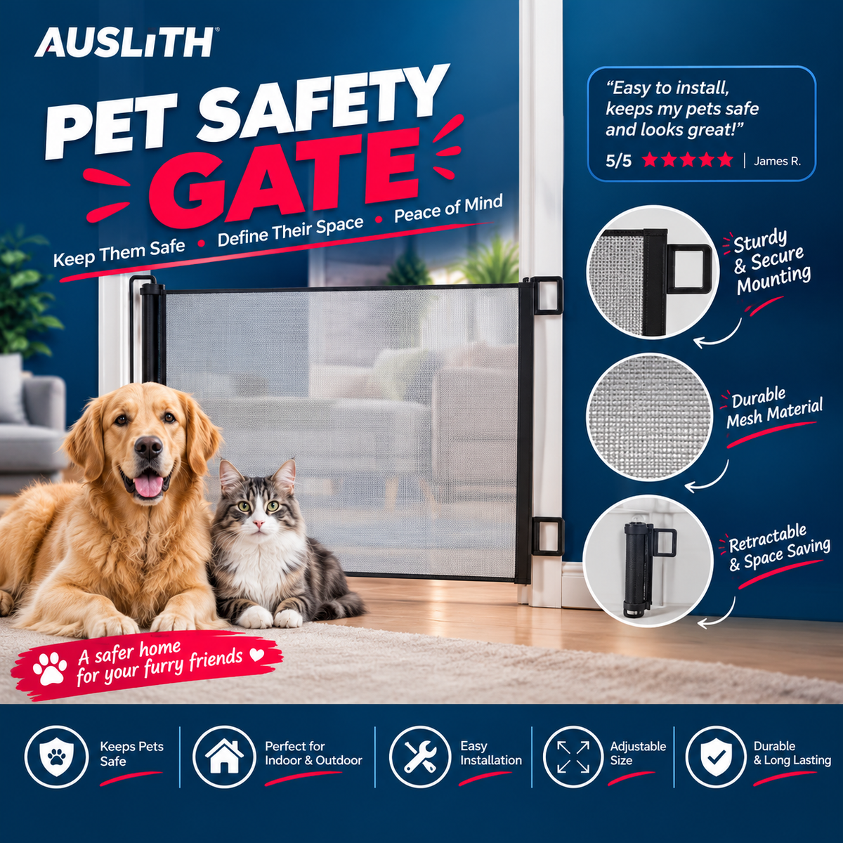 AUSLITH FlexiGate No-Drill Retractable Dog & Cat Gate, Mesh Fence