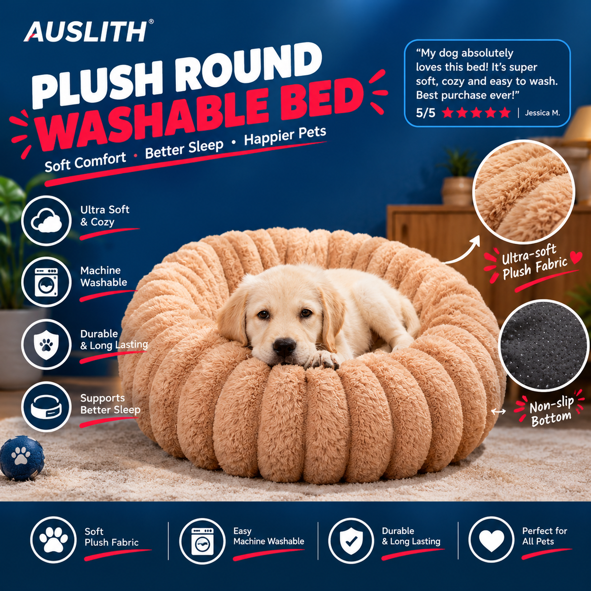 AUSLITH PlushRound Washable Donut Dog Bed for Dogs & Cats