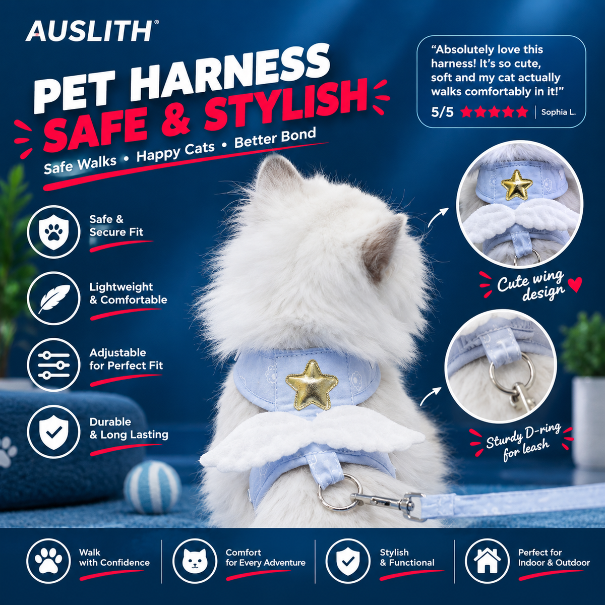 AUSLITH AngelWalk Escape-Proof Cat Harness & Leash Set, Soft Mesh