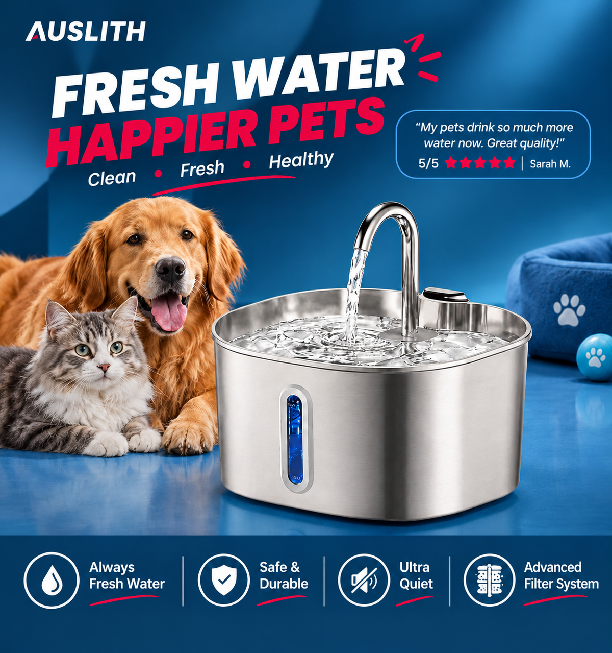 AUSLITH PureFlow 2.2L Automatic Stainless Steel Cat Water Fountain