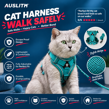 AUSLITH SafeWalk – Reflective Adjustable Cat Harness & Leash Set
