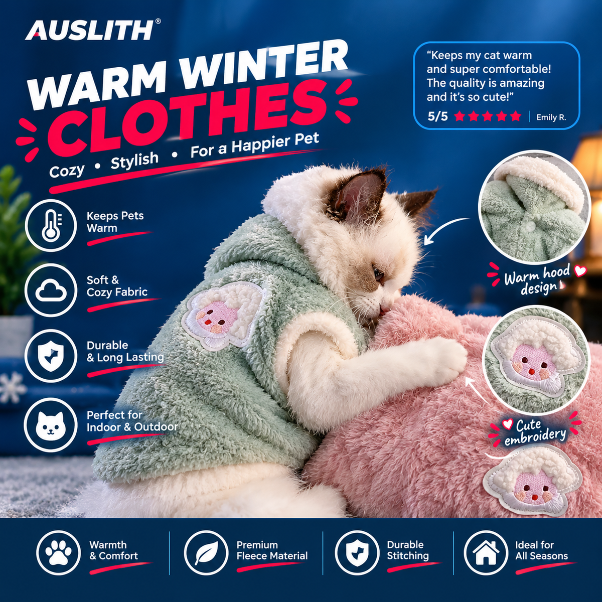 AUSLITH KnitPurr  Warm Winter Cat Sweater for Kittens & Small Cats
