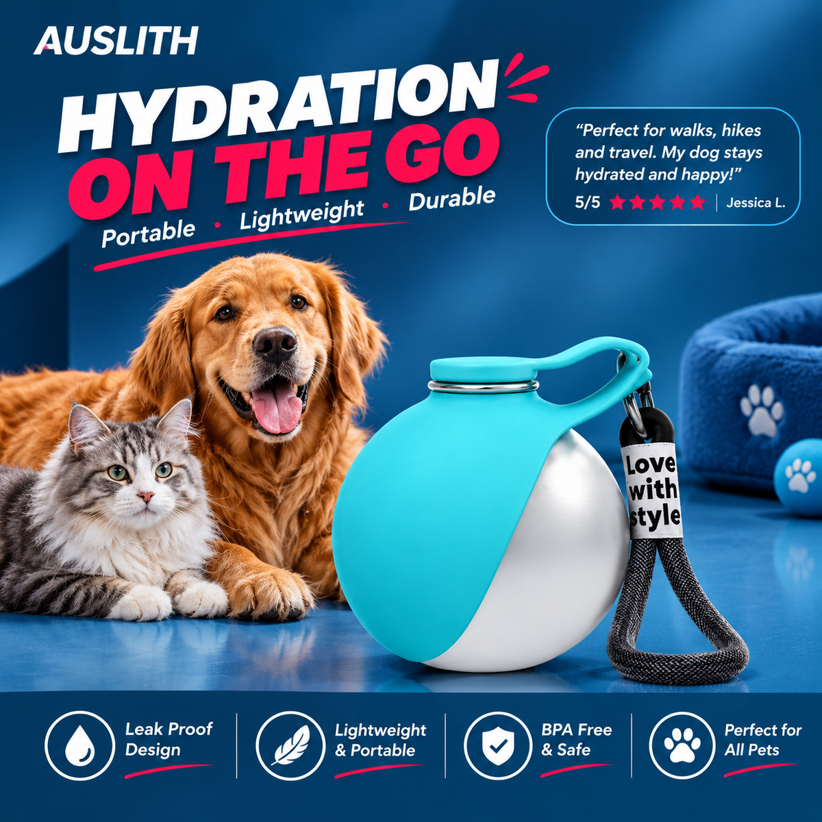 AUSLITH TrekSip  Portable Leak Proof Pet Water Bottle with Bowl