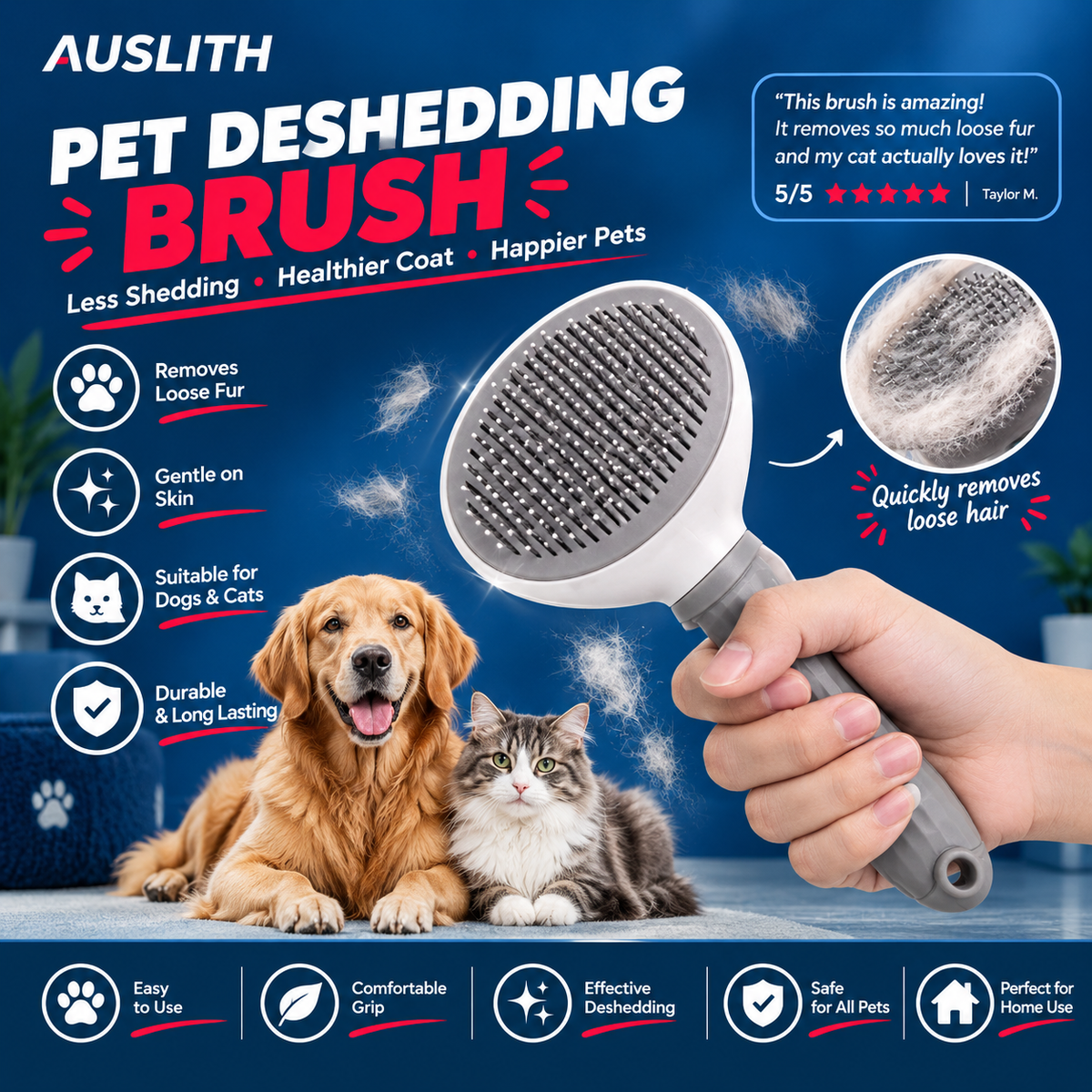 AUSLITH FurGlide  Self-Cleaning Slicker Brush for Cats & Dogs