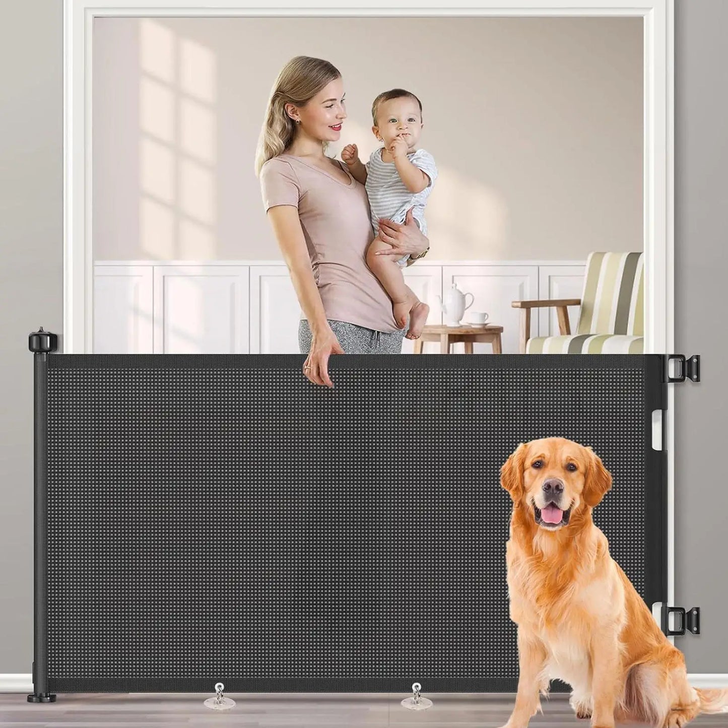 AUSLITH FlexiGate  No-Drill Retractable Dog & Cat Gate, Mesh Fence